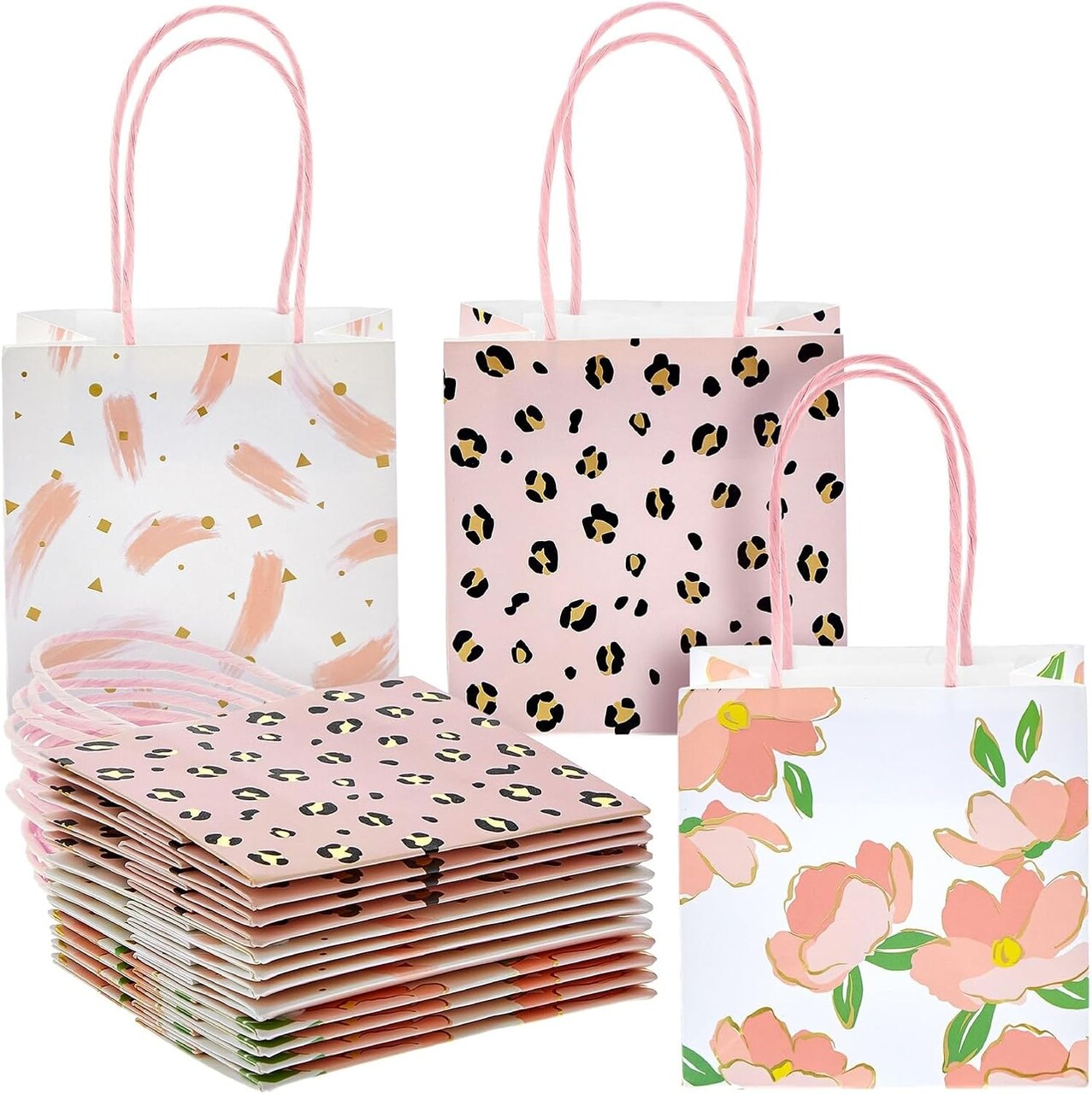 Mini Floral & Animal Gift Bags with Handles (12-Pack) – Pink Party Favor Bags, 5 x 5 x 3 In, Cute & Elegant Mini Bags for Jewelry, Candy, Weddings & Showers (Gold,Pink)